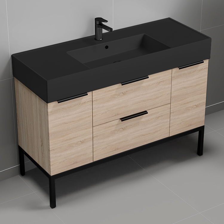 Nameeks DERIN658 Modern Bathroom Vanity With Black Sink, Free Standing, 48 Inch, Brown Oak